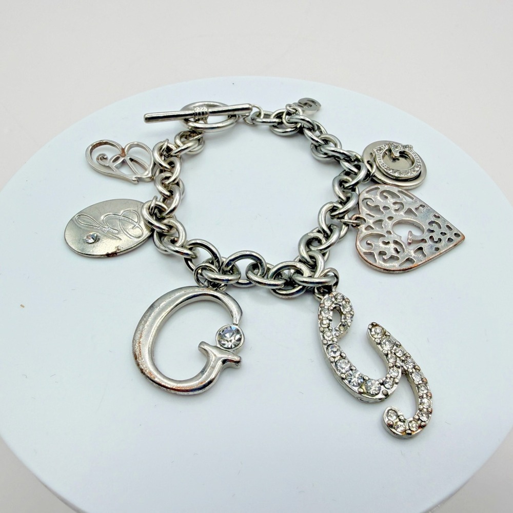 Vintage Silver Tone Chunky Link Charm Bracelet with Crystal Heart
